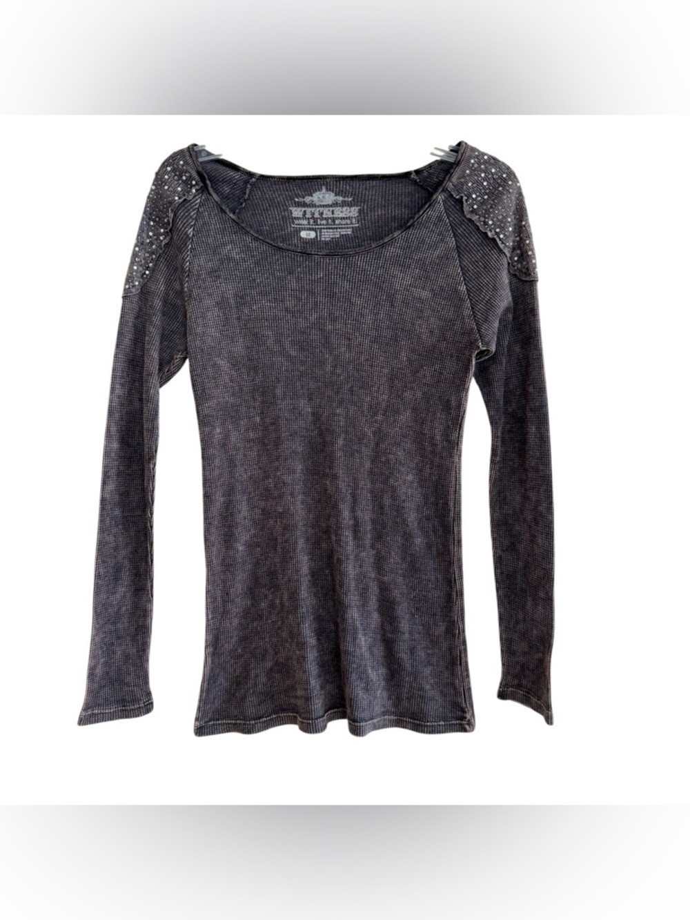 Y2K Witness Gray Dark Mineral Wash Top Studded Shoulders Grunge Goth M